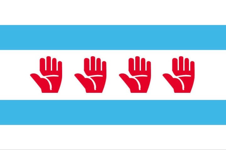 City of Chicago flag with a hand shape symbol replacing the stars.